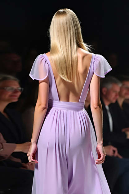 Lilac A Line V-Neck Cap Sleeves Pleated Flowy Long Formal Dress