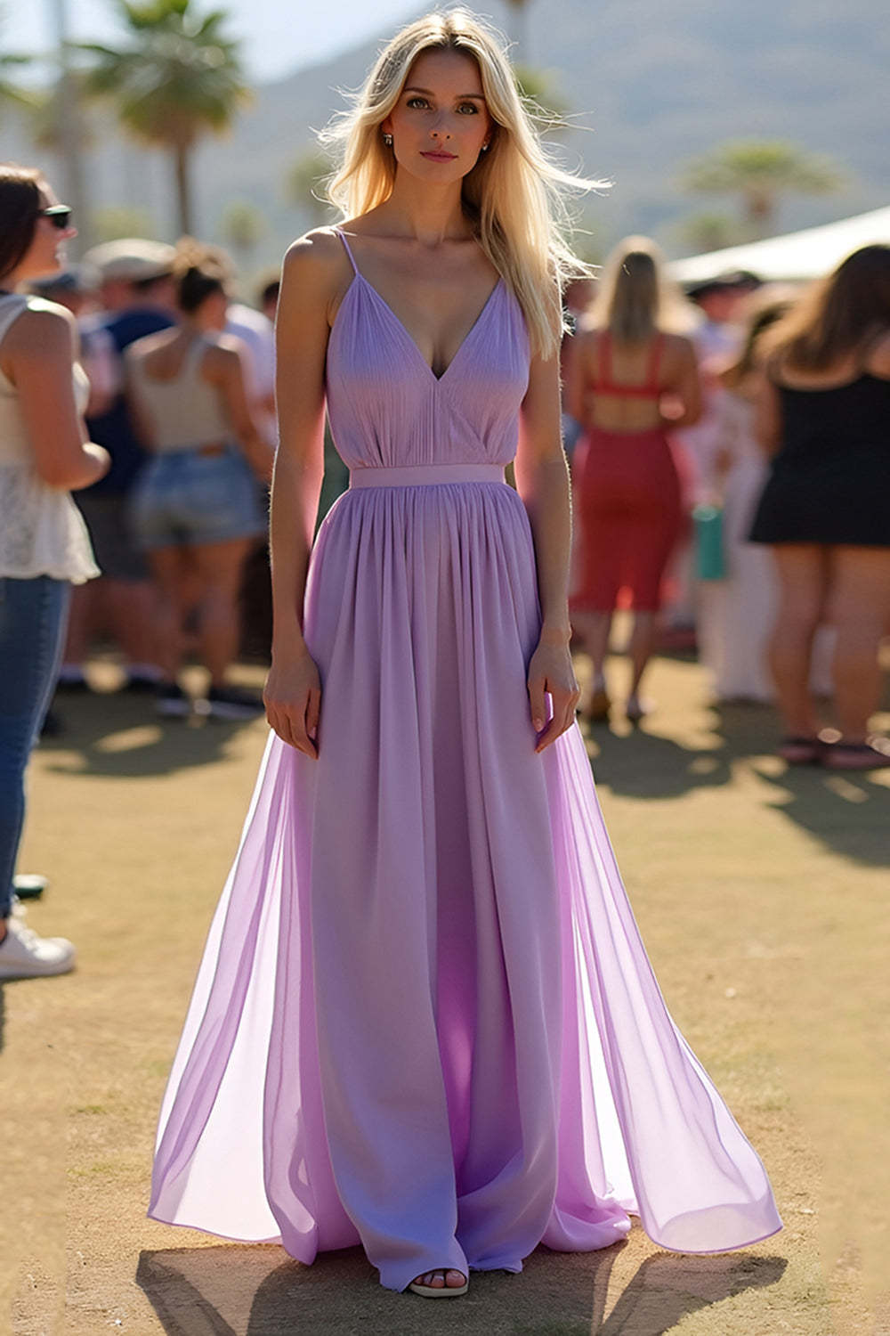 Lilac V-Neck Spaghetti Straps A Line Chiffon Long Formal Dress