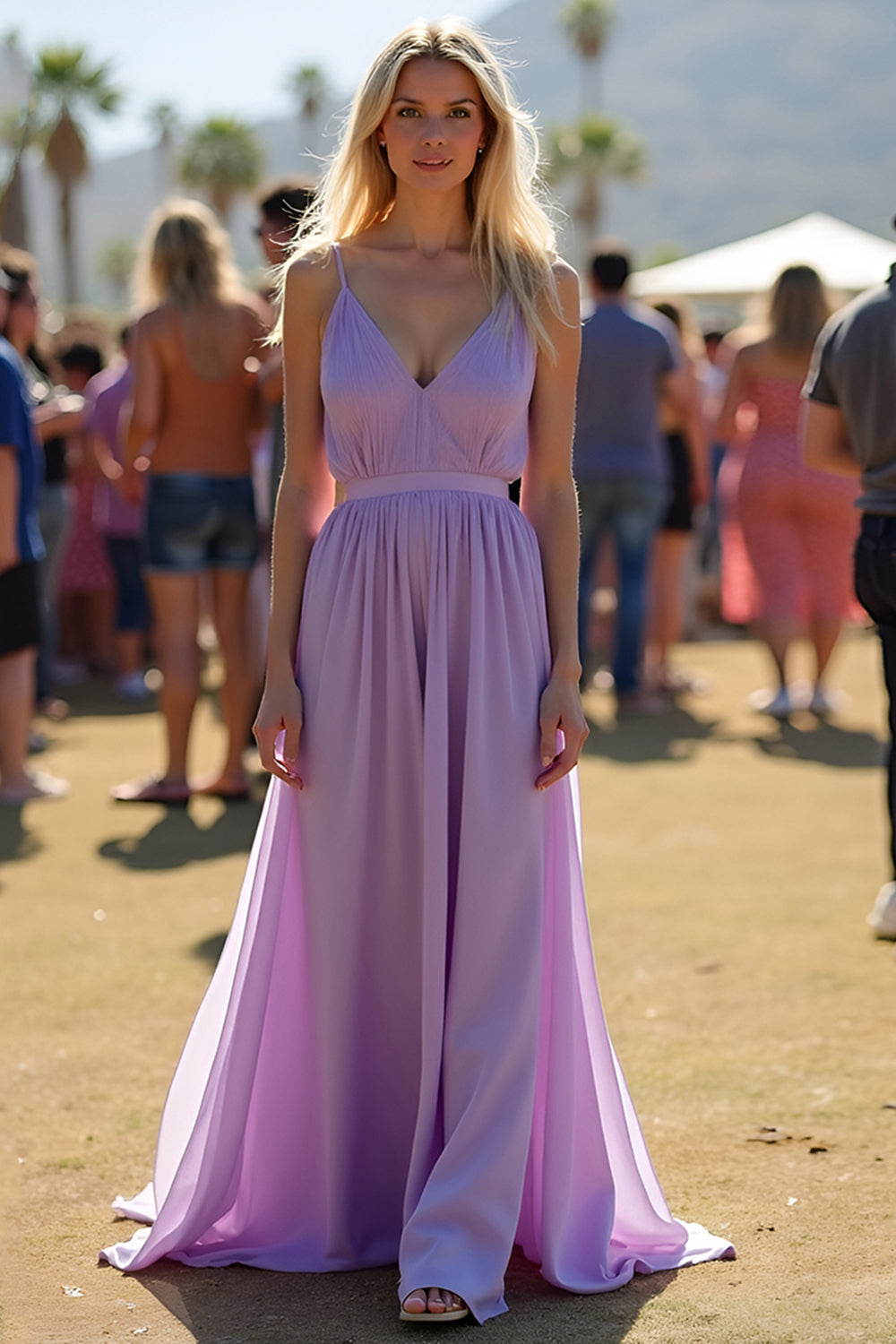 Lilac V-Neck Spaghetti Straps A Line Chiffon Long Formal Dress
