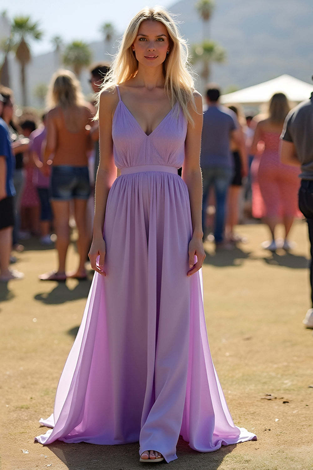 Leely Women Lilac Spaghetti Straps V-Neck Ruched Formal Dress A Line Long Flowy Chiffon Wedding Guest Dress