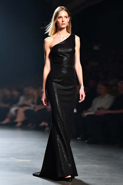 Leely Women Glitter One Shoulder Black Sheath Formal Dress Elegant Floor Length Gala Dress