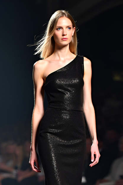 Glitter One Shoulder Black Sheath Floor Length Formal Dress