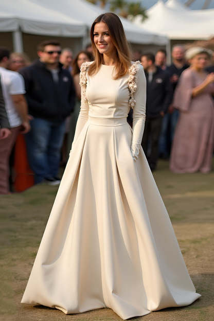 Leely Women A Line Apricot Long Sleeves Formal Dress Jewel Neck Floor Length Gala Dress