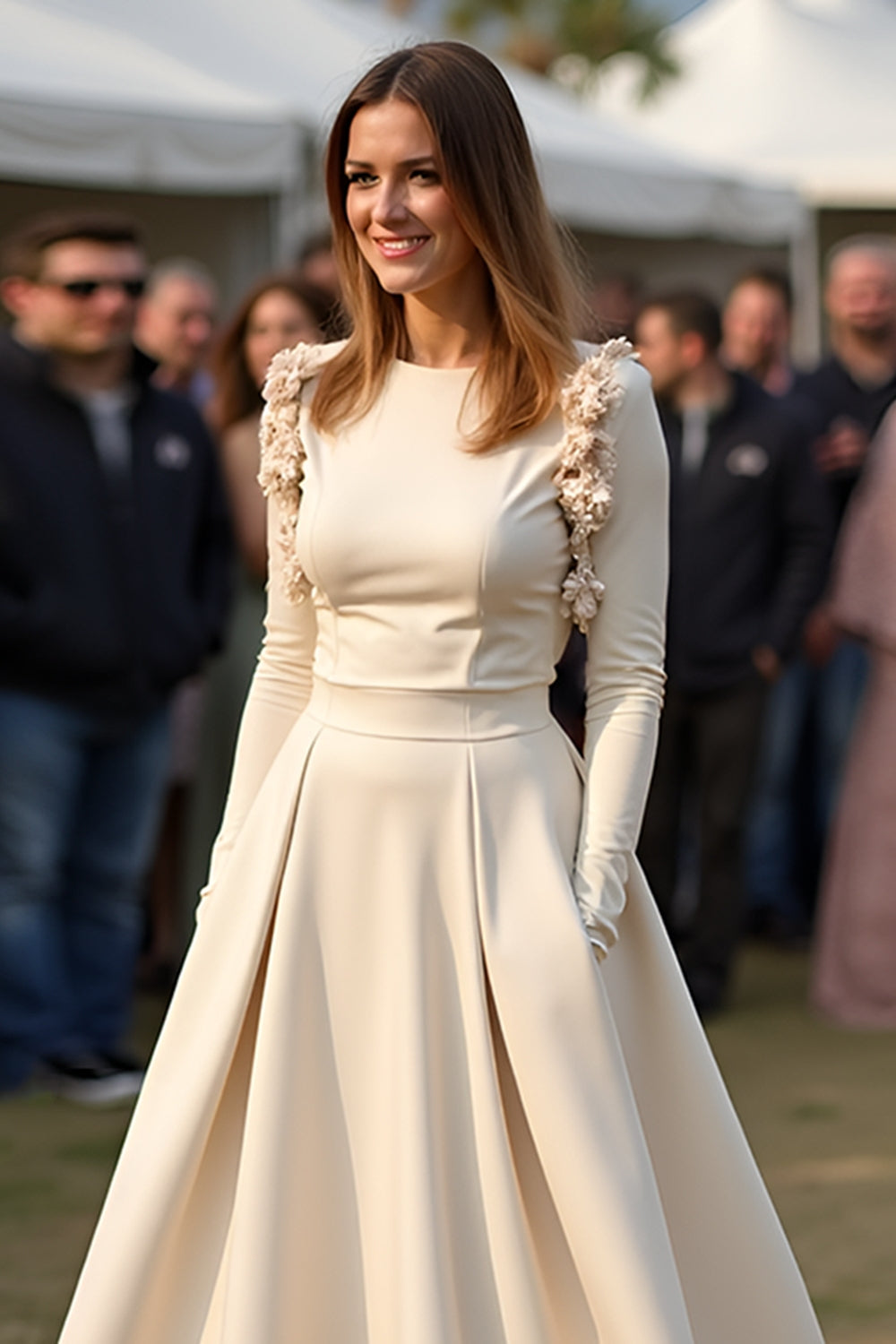 A Line Apricot Long Sleeves Floor Length Formal Dress