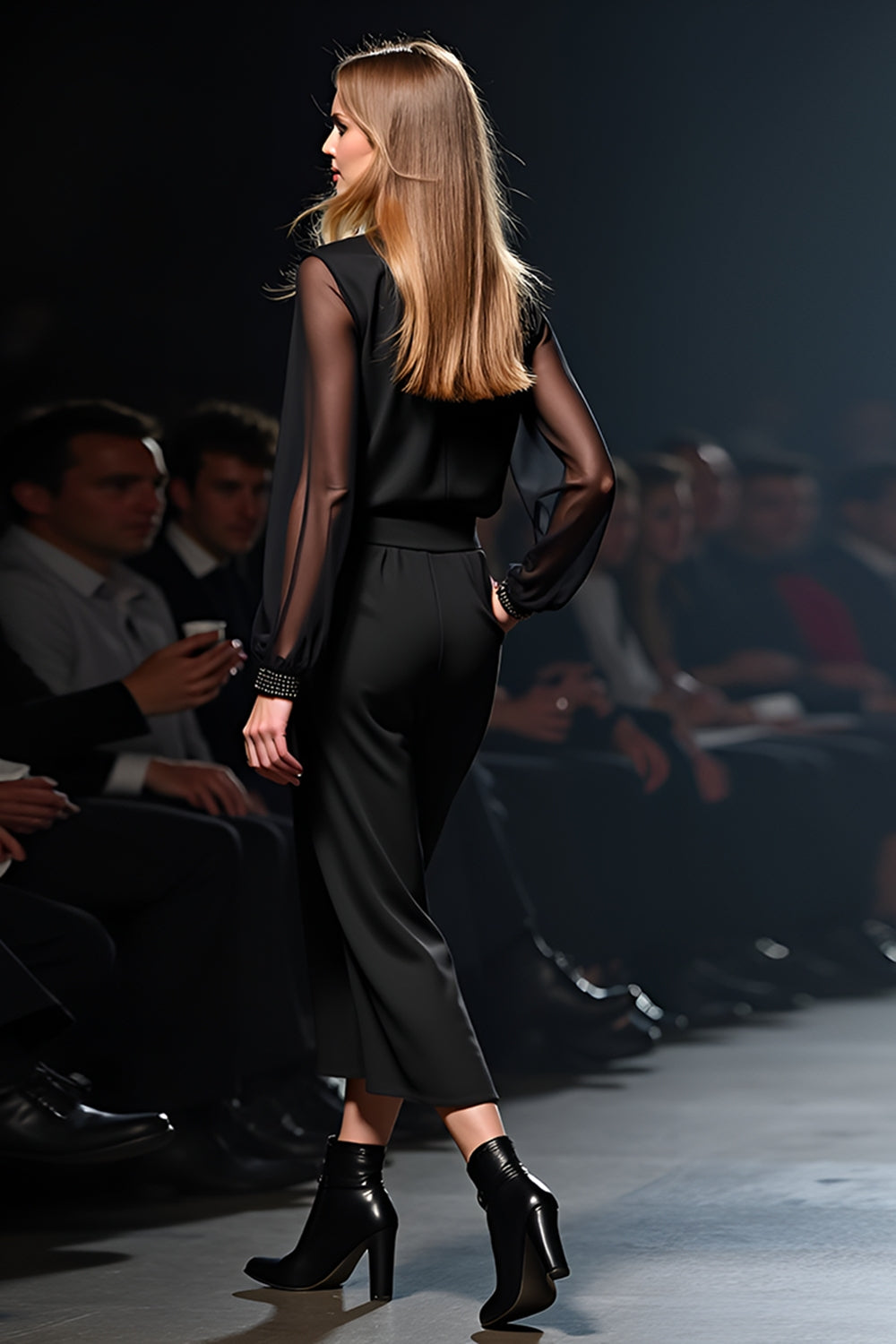Scoop Black Column Formal Jumpsuit with Long Sleeves