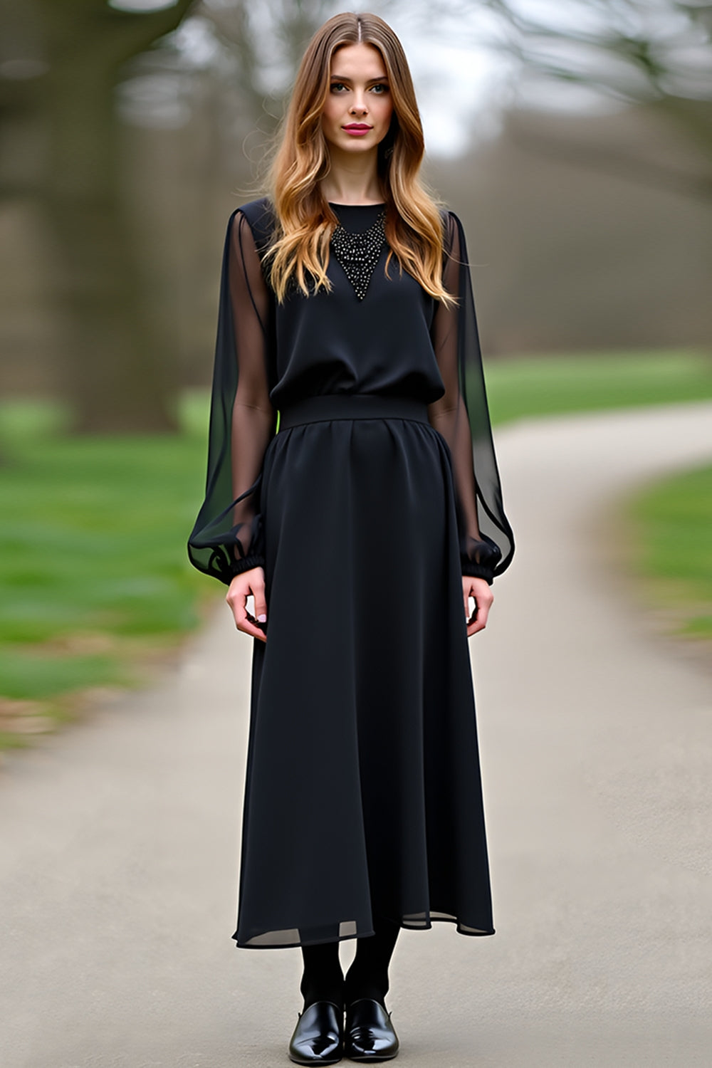 Leely Women Black Scoop Neck Column Formal Dress Long Sleeves Tulle Tea-Length Prom Dress