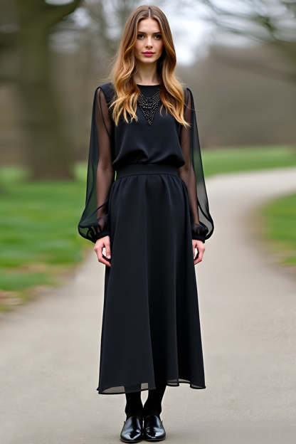 Leely Women Black Scoop Neck Column Formal Dress Long Sleeves Tulle Tea-Length Prom Dress