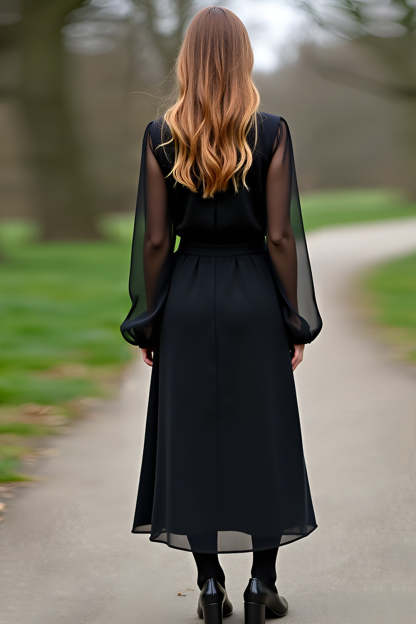 Black Scoop Column Long Sleeves Tea Length Formal Dress