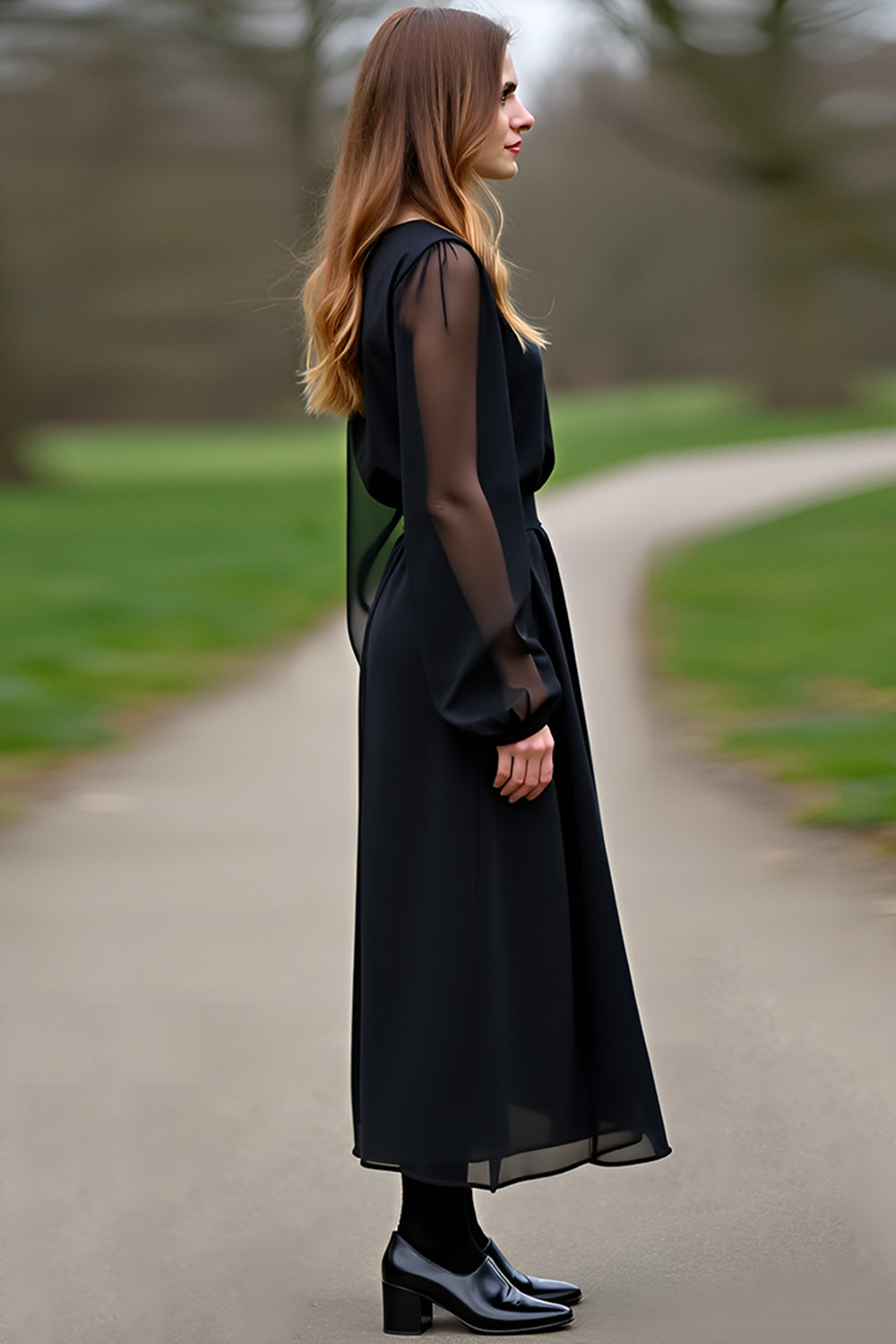 Black Scoop Column Long Sleeves Tea Length Formal Dress