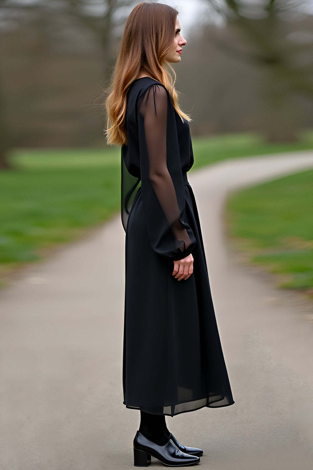 Black Scoop Column Long Sleeves Tea Length Formal Dress