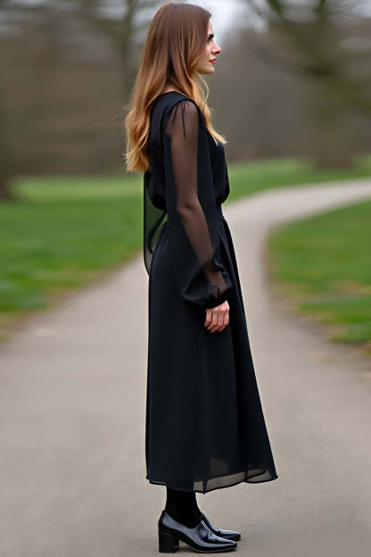 Black Scoop Column Long Sleeves Tea Length Formal Dress