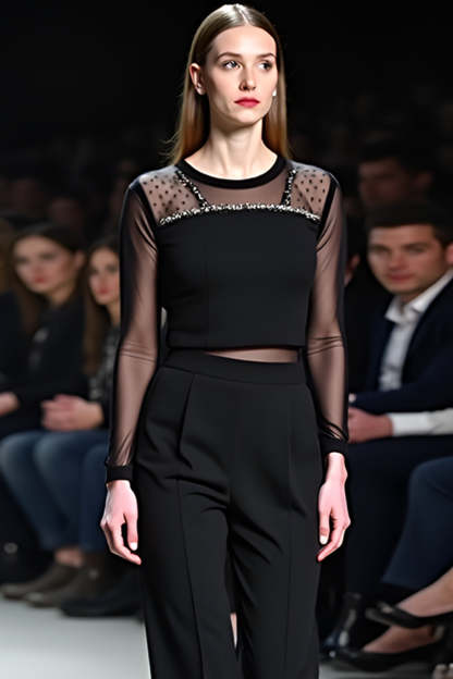 Black Scoop Column Formal Jumpsuit with Long Sheer Sleeves