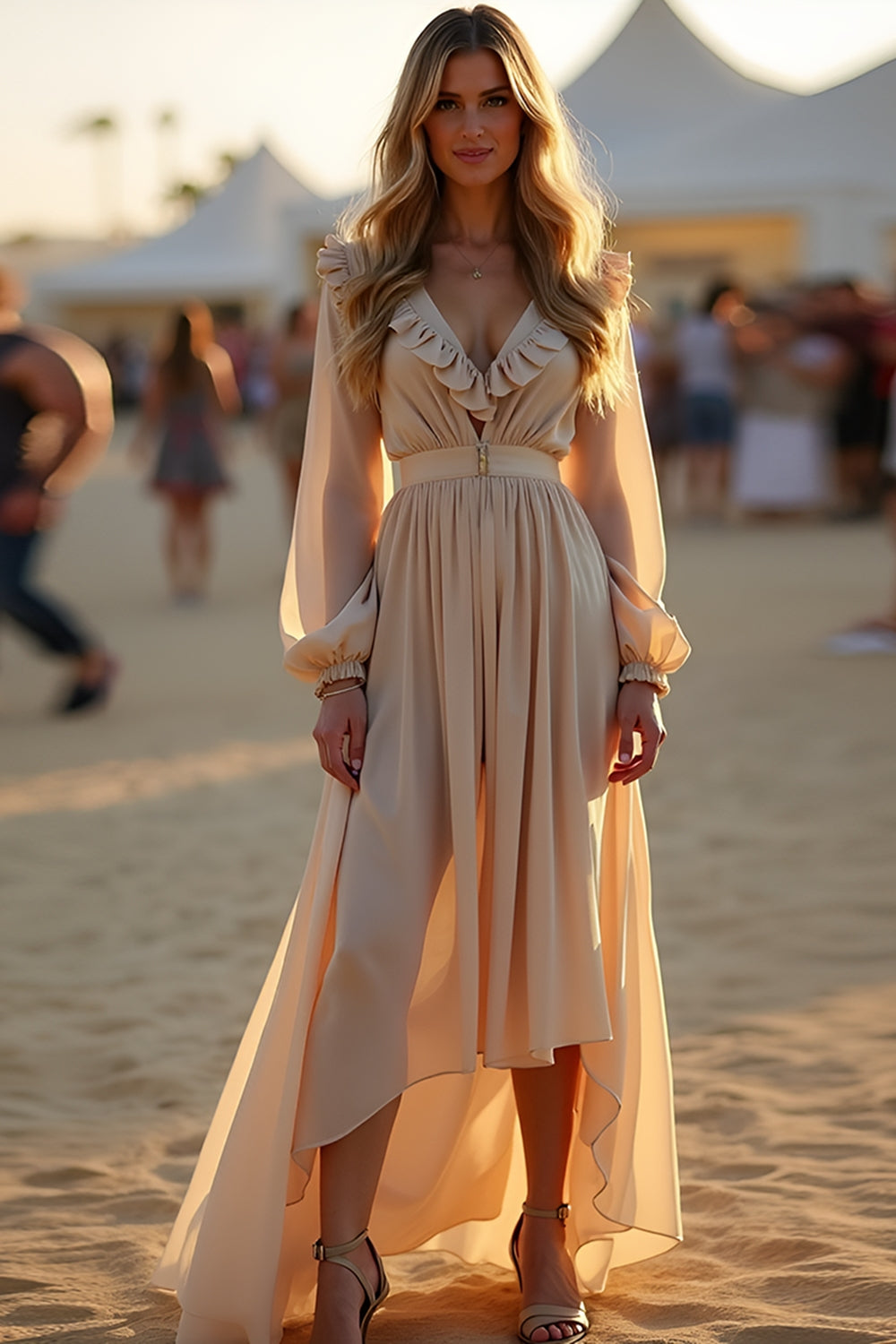 Leely Women Apricot Pleated A Line Ruffles Formal Dress Long Sleeves V-Neck Backless High-Low Prom Dress