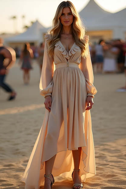 Leely Women Apricot Pleated A Line Ruffles Formal Dress Long Sleeves V-Neck Backless High-Low Prom Dress