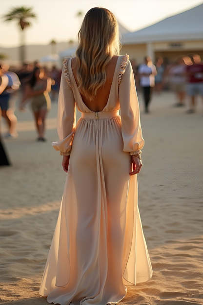 Apricot V Neck A Line Pleated High-Low Formal Dress