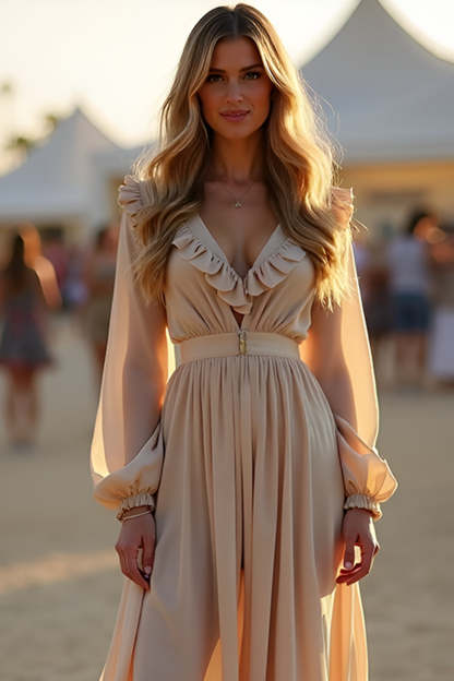Apricot V Neck A Line Pleated High-Low Formal Dress
