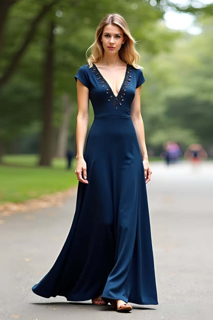 Leely Women Elegant Navy V-Neck A-Line Mother of the Bride Dress Cap Sleeves Floor Length Formal Dress