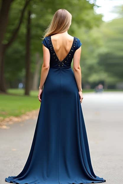 Elegant Navy V-Neck A-Line Floor Length Mother of the Bride Dress