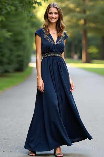 Leely Women Beaded V-Neck Navy Formal Dress Cap Sleeves A Line Pleated Satin Long Prom Dress