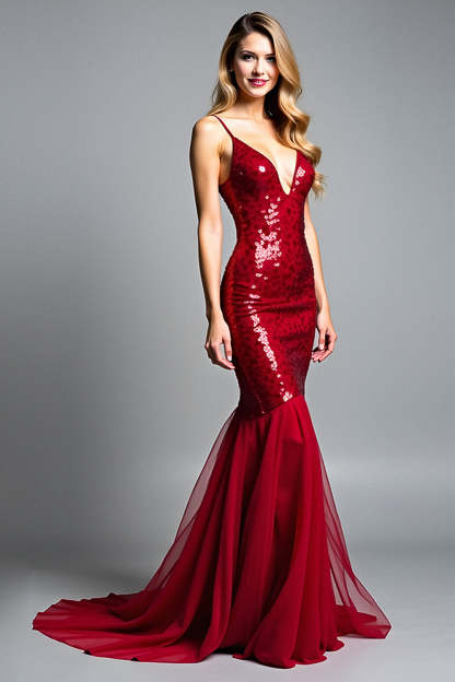 Sparkly Mermaid Sequined V-Neck Backless Long Prom Dress