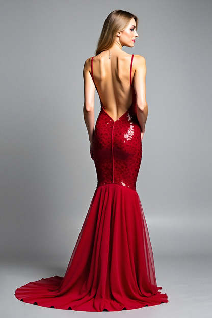 Sparkly Mermaid Sequined V-Neck Backless Long Prom Dress