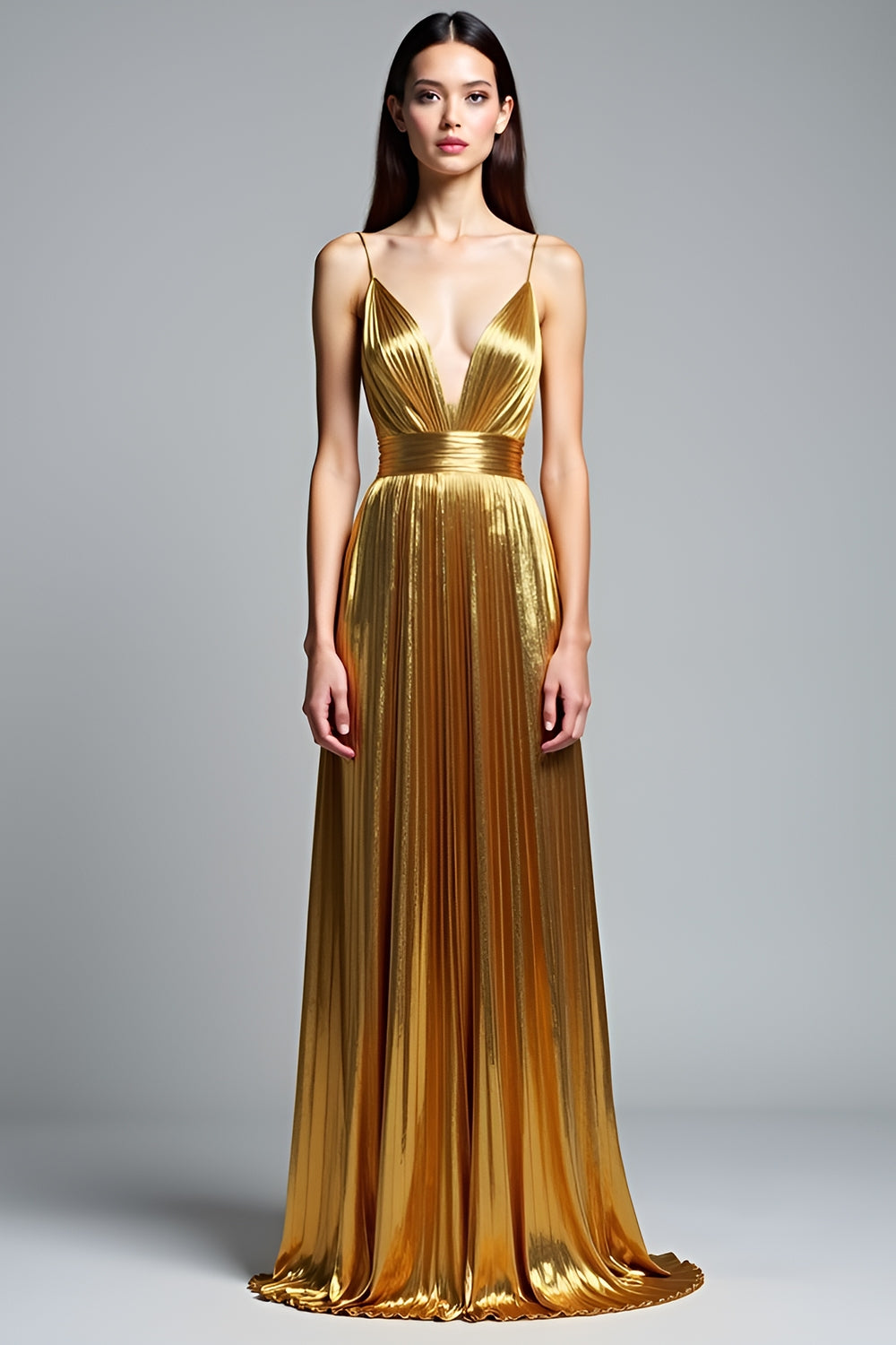 Metallic V-Neck Golden Pleated A Line Long Prom Dress