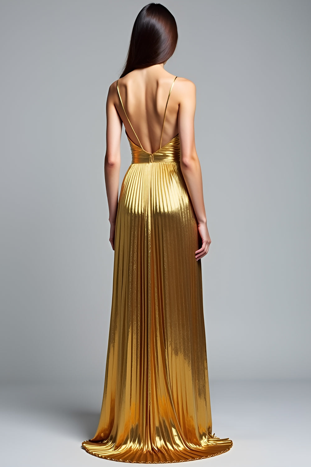 Metallic V-Neck Golden Pleated A Line Long Prom Dress