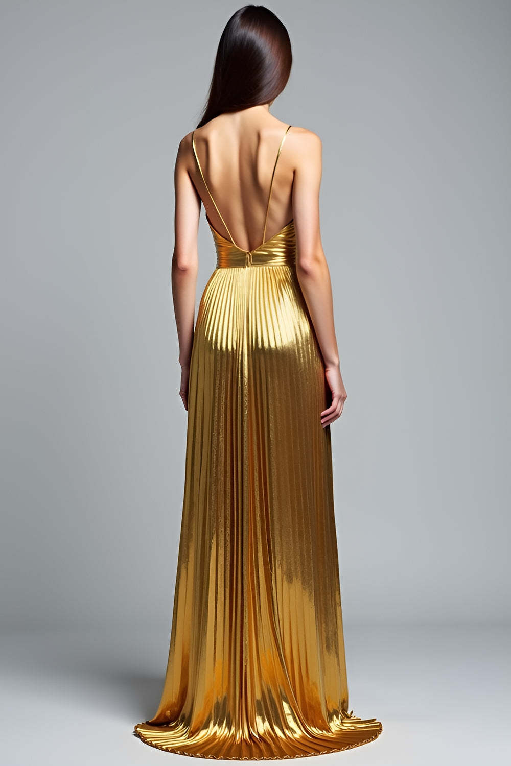 Metallic V-Neck Golden Pleated A Line Long Prom Dress
