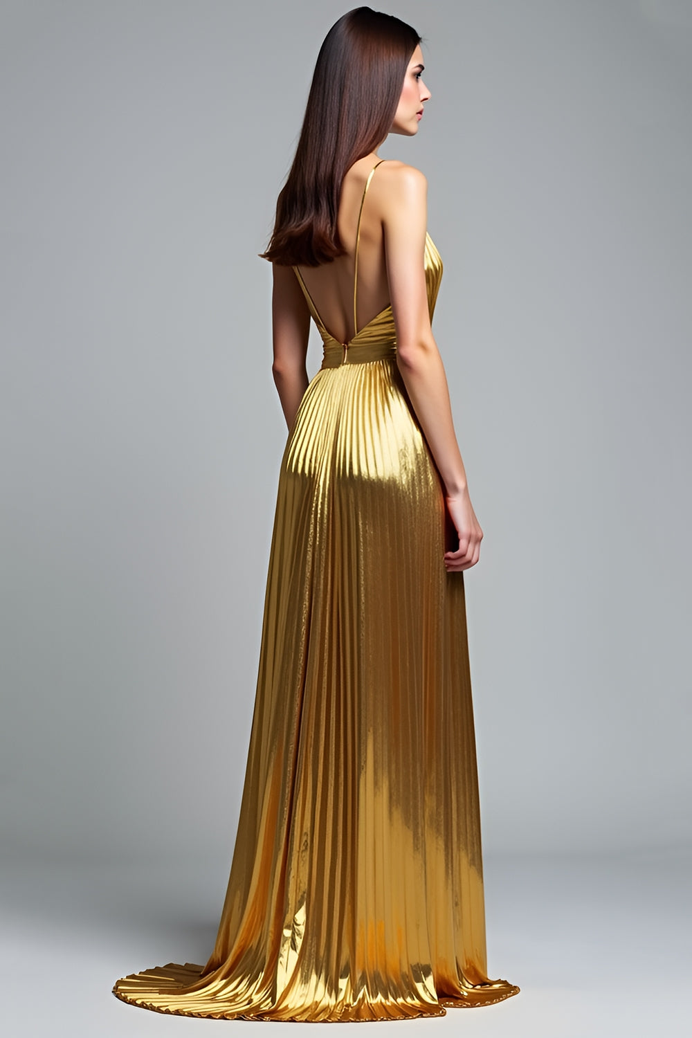 Metallic V-Neck Golden Pleated A Line Long Prom Dress