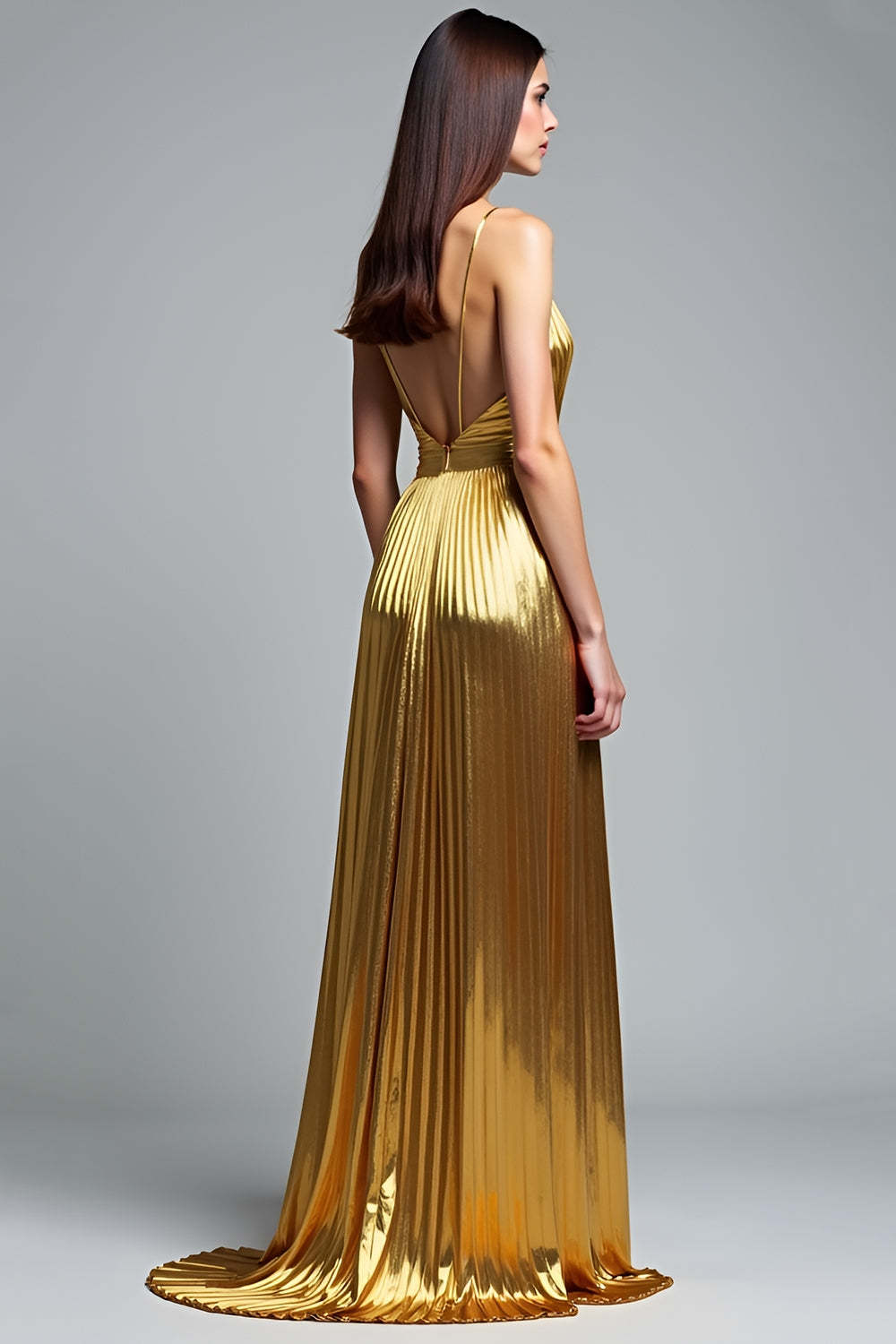 Metallic V-Neck Golden Pleated A Line Long Prom Dress
