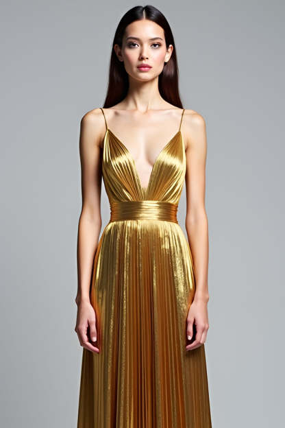 Metallic V-Neck Golden Pleated A Line Long Prom Dress