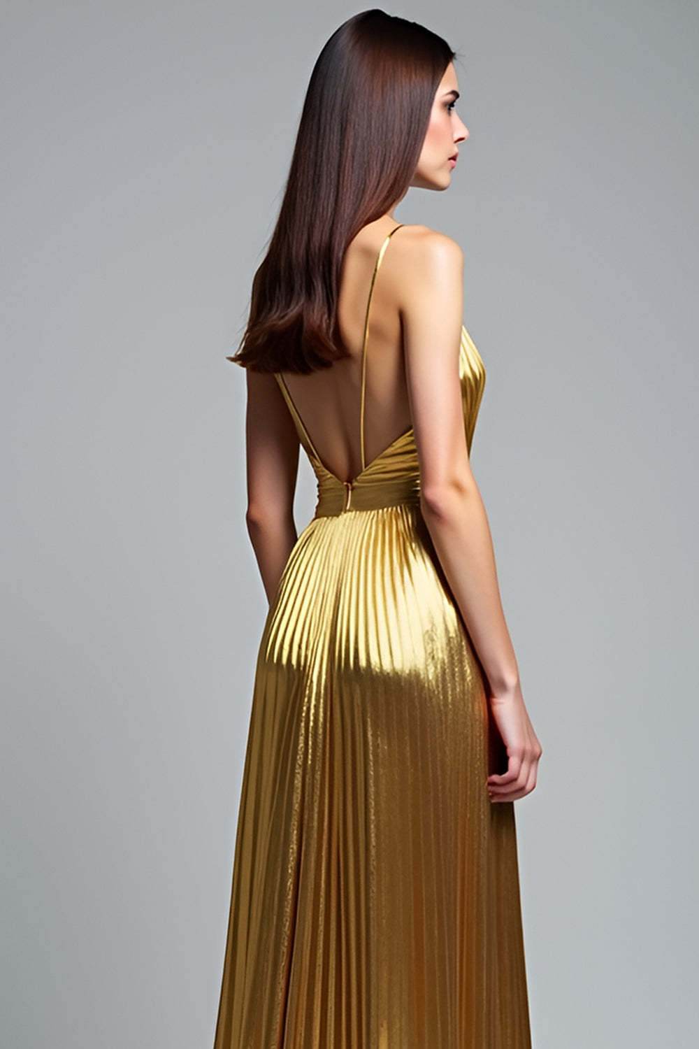 Metallic V-Neck Golden Pleated A Line Long Prom Dress