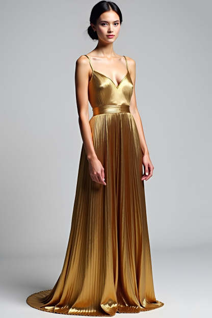 Leely Women Metallic Golden A Line Pleated Wedding Guest Dress Spaghetti Straps V-Neck Floor Length Formal Dress