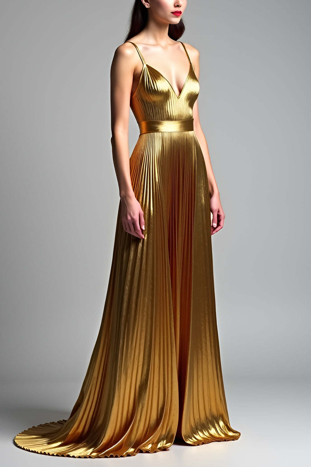 Metallic Golden Spaghetti Straps A Line Pleated Wedding Guest Dress