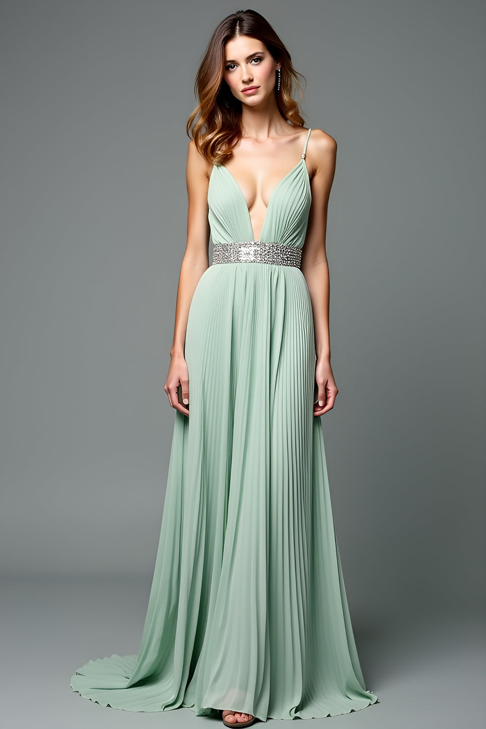 Leely Women A Line Green Pleated Wedding Guest Dress with Beading Spaghetti Straps Deep V-Neck Long Formal Dress