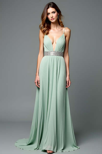 Leely Women A Line Green Pleated Wedding Guest Dress with Beading Spaghetti Straps Deep V-Neck Long Formal Dress