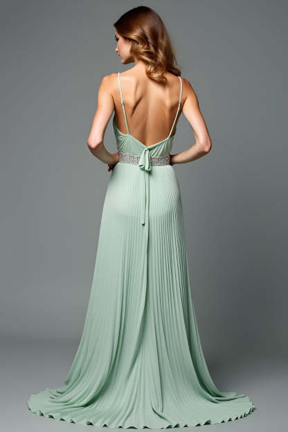 A Line Green V-Neck Pleated Long Wedding Guest Dress with Beading