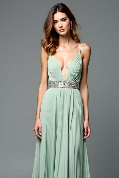 A Line Green V-Neck Pleated Long Wedding Guest Dress with Beading