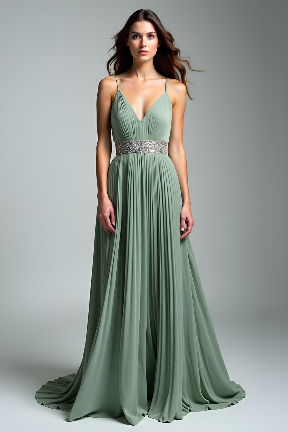 Dusty Sage Spaghetti Straps A Line Pleated Maxi Wedding Guest Dress