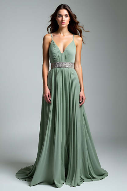 Leely Women Dusty Sage A Line Pleated Wedding Guest Dress Spaghetti Straps V-Neck Maxi Formal Dress