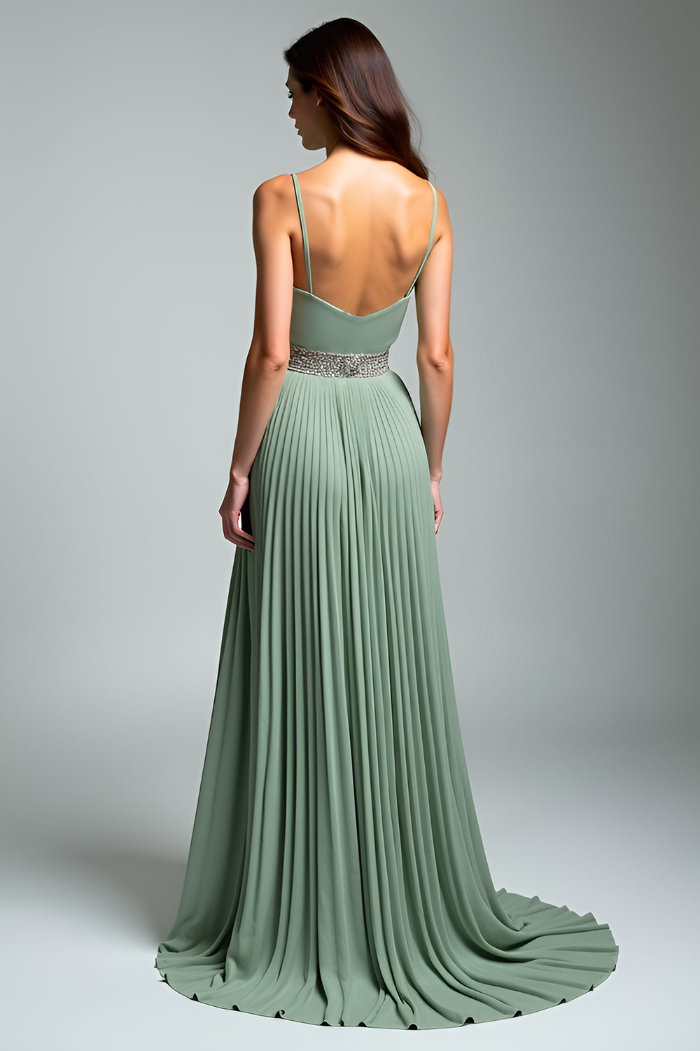 Dusty Sage Spaghetti Straps A Line Pleated Maxi Wedding Guest Dress