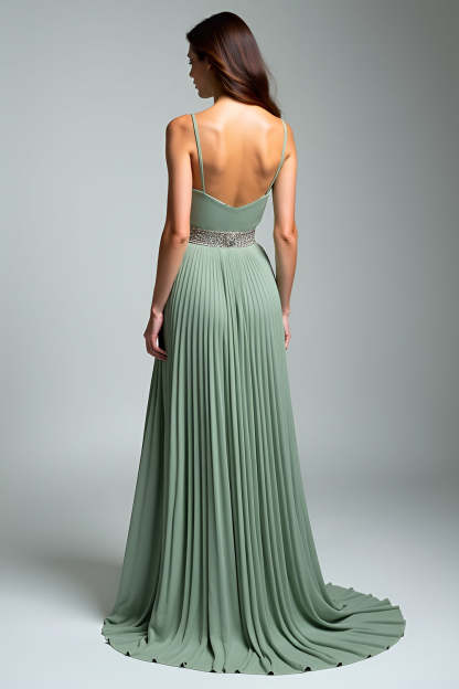 Dusty Sage Spaghetti Straps A Line Pleated Maxi Wedding Guest Dress
