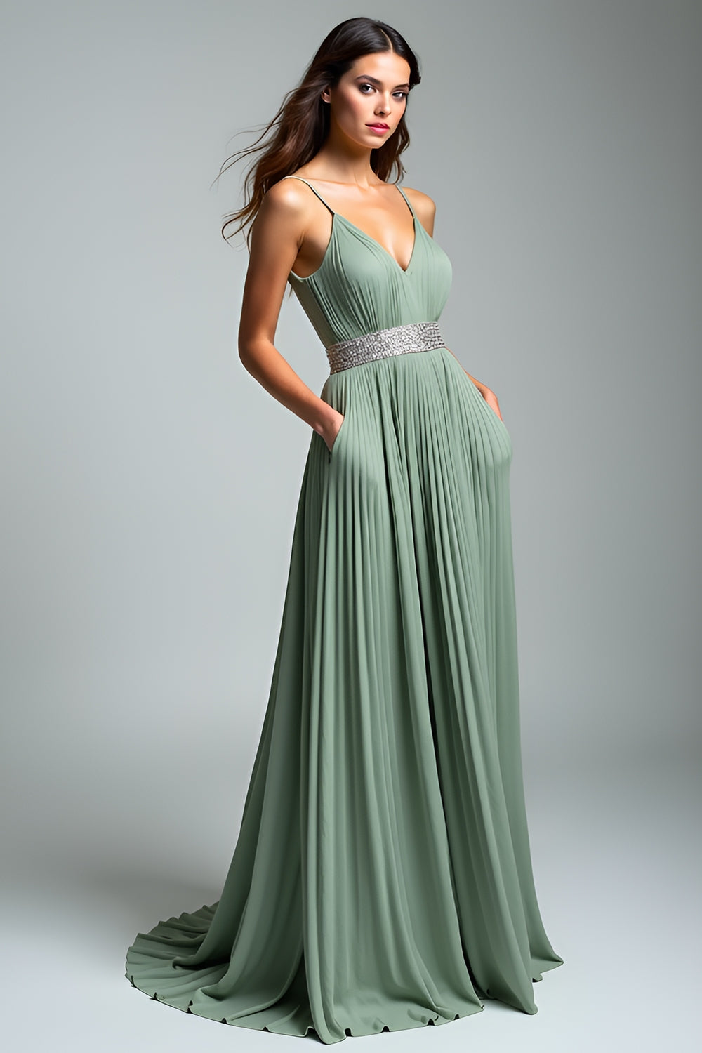 Dusty Sage Spaghetti Straps A Line Pleated Maxi Wedding Guest Dress