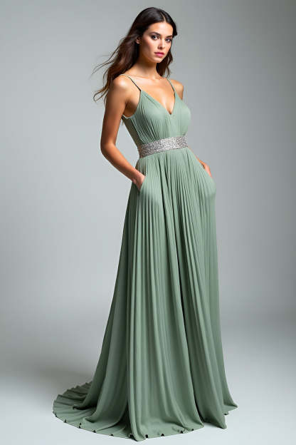 Dusty Sage Spaghetti Straps A Line Pleated Maxi Wedding Guest Dress