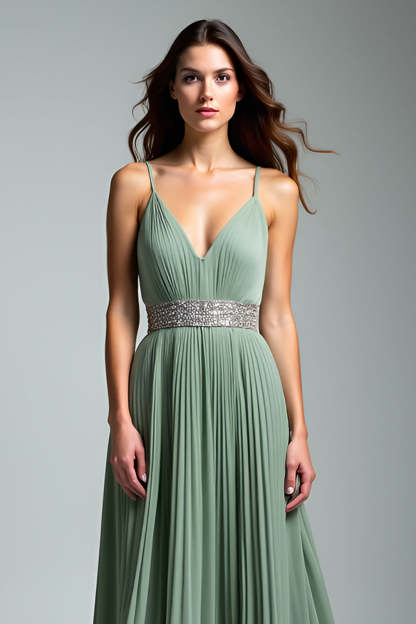 Dusty Sage Spaghetti Straps A Line Pleated Maxi Wedding Guest Dress
