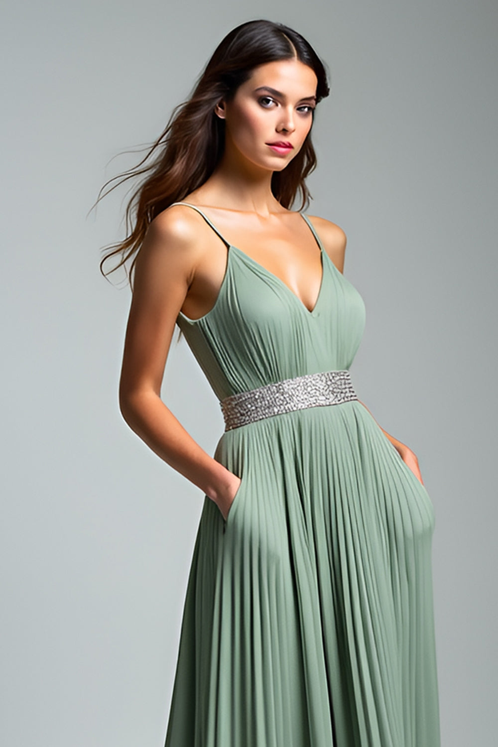 Dusty Sage Spaghetti Straps A Line Pleated Maxi Wedding Guest Dress