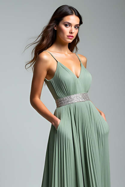 Dusty Sage Spaghetti Straps A Line Pleated Maxi Wedding Guest Dress