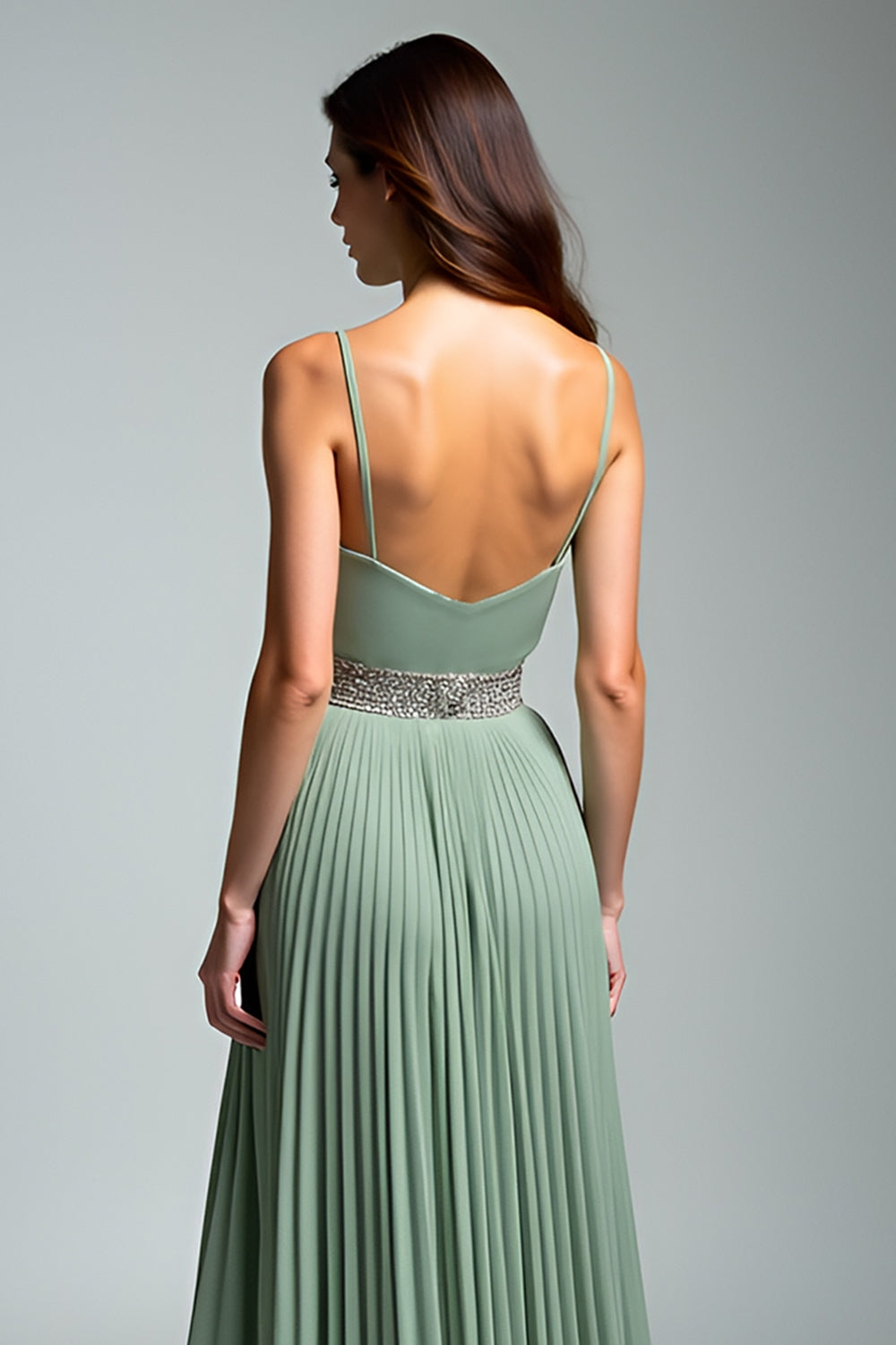 Dusty Sage Spaghetti Straps A Line Pleated Maxi Wedding Guest Dress
