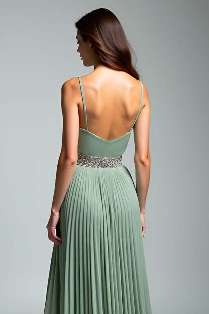 Dusty Sage Spaghetti Straps A Line Pleated Maxi Wedding Guest Dress