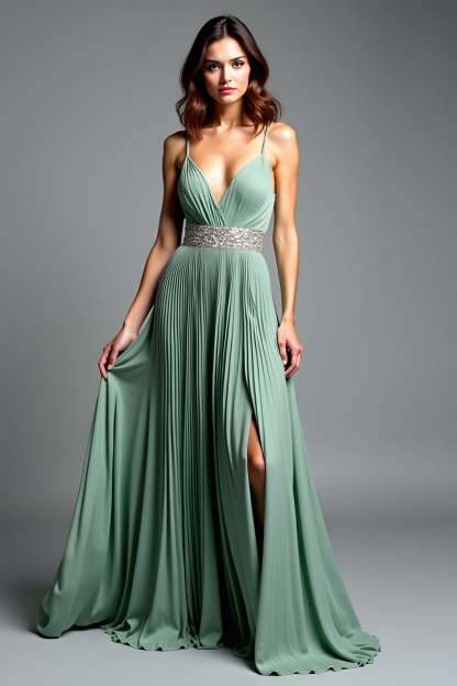 Leely Women Pleated V-Neck A Line Dusty Sage Prom Dress with Slit Spaghetti Straps Backless Long Formal Dress